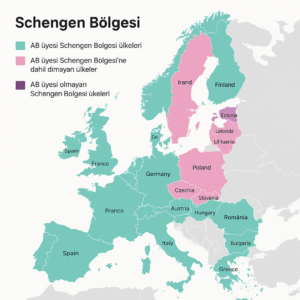 "Schengen Bölgesi Haritası – Schengen ülkeleri, AB Schengen ülkeleri ve Schengen dışı Avrupa ülkeleri"