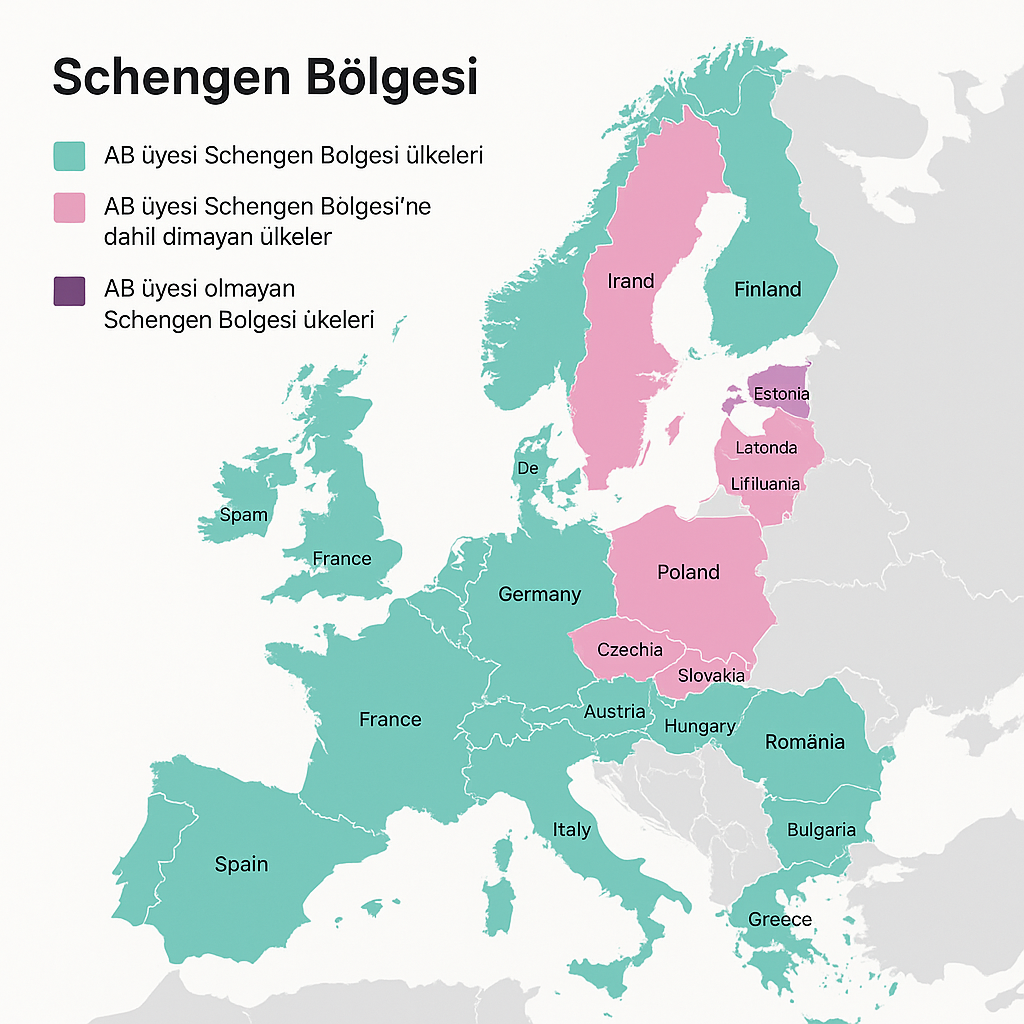 "Schengen Bölgesi Haritası – Schengen ülkeleri, AB Schengen ülkeleri ve Schengen dışı Avrupa ülkeleri"